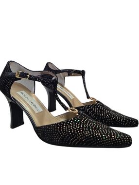 Monzo & Franco, Size 6M, Black Velvety Shoes, Tango, Leather Sole W/rhinestones